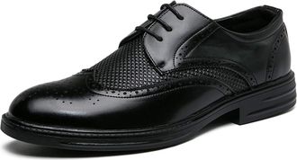 Generic Oxford Dress Shoes for Men Lace Up Brogue Embossed Round Toe Patchwork Shoes Block Heel Low Top Slip Resistant Anti-Slip Prom(Black,7.5 UK)