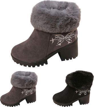 Generic Ladies Winter Boots Fashion Solid Color Zipper Thick Heel Warm Boots Short Boots Faux Fur Top Fleece Lined(Grey, 4.5)