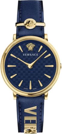 Versace V Circle Blauw/Goud Leren Horloge - Dames - Horloges - Blauw - ONE Size - Accessoires