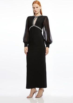 Karen Millen Womens Embellished And Chiffon Sleeve Figure Form Knit Maxi Dress - Black - Size X-Small