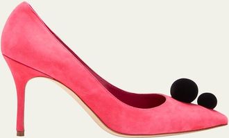 Manolo Blahnik Piera Suede Pom Pom Pumps
