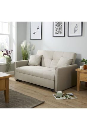 Home Source Industries Linen Upholstered Two Seater Pull-Out Double Sofa Bed 153 cm in Light Beige