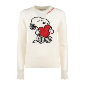 MC2 Saint Barth White Crewneck Sweater With Snoopy Print And Rhinestone Heart Special Edition Snoopy Peanuts