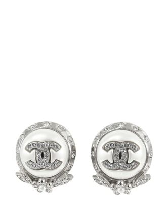 Chanel 2021 CC Silver Plated Crystal and Faux Pearl Push Back Earrings costume earrings - women - Metal/Other/Silver/Crystal/Faux Pearl