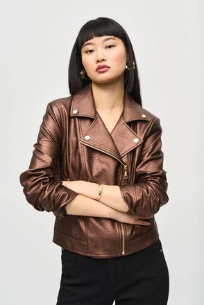 Joseph Ribkoff Mira Metallic Faux Leather Biker Jacket In Bronze
