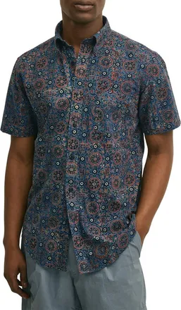 Brooks Brothers Medallion Print Short Sleeve Cotton Button-Down Shirt in Bluespice at Nordstrom, Size X-Large