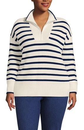 Lands End Plus Size Drifter Cable Quarter Zip Sweater in Ivory/navy Stripe at Nordstrom, Size 1X