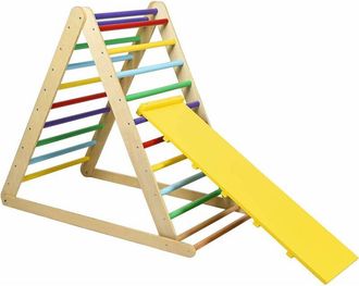 Costway Costway - Triangolo a Gradini, Scala Giochi Arrampicata a Triangolo, con Scivolo, Palestra Coperta da Casa, Legno, Ideale per Bambini 3+ Anni