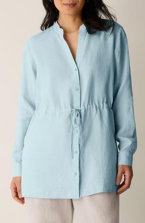 Eileen Fisher Split Neck Organic Linen Long Drawstring Shirt in Breeze at Nordstrom, Size Xx-Small