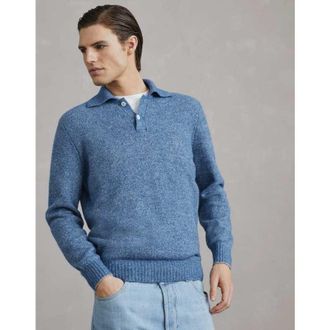 Brunello Cucinelli Mens Blue Wool Blend Polo Collar Sweater, Size 44