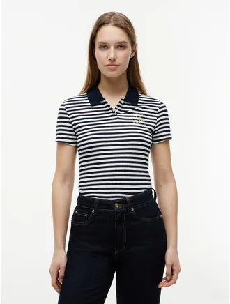 Tommy Hilfiger Womens Slim Fit Metallic Script Monogram Polo - Navy Blue / Ecru Stripe - XL