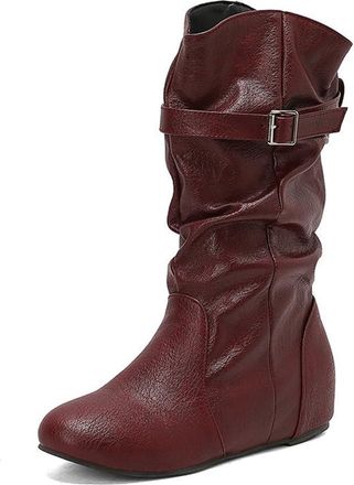 Generic Womens Western Cowgirl Vintage Riding Boots Mid Calf Pleated Round Toe Hidden Wedge Heel Dress Shoes (5.5,Winered)