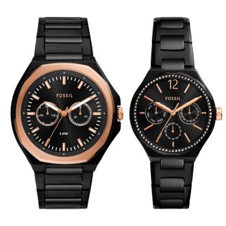 Fossil Mens His and Hers Multifunction, Black Stainless Steel Watch Set, BQ2645SET