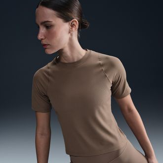 Nike Womens Zenvy Rib Dri-FIT Short-Sleeve Top in Brown | HF2772-233