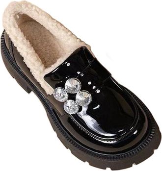 Generic Slip On Loafers for Women Fur Lined Thickened Warm Winter Booties Casual Platform Chunky Loafers Round Toe Pu Leather Shoes Lightweight Comfort Walkin