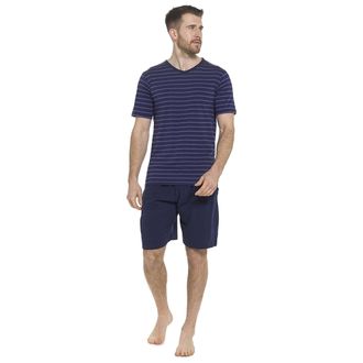 Tom Franks Mens Jersey Striped T-Shirt and Shorts Pyjamas Set (XX-Large, Navy & Blue)