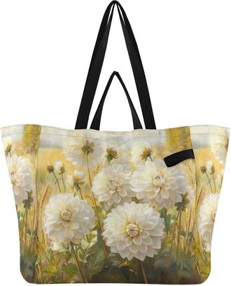 Generic Flowers Field White pattern Reusable Canvas Tote Bag, Heavy Duty Grocery Shopping Bag with Hard Bottom Large Capacity Double Handles Work Groceries Tr