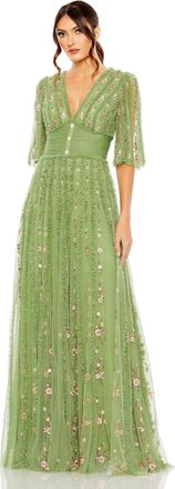 Mac Duggal Floral V-Neck Ruffle Detail Empire Waist Gown