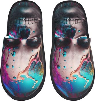 Generic Fluffy Slippers Modern Abstract Colorful Skull Non-Slip Hotel Slippers Warm Indoor Shoes For Spa Guest Room Room M
