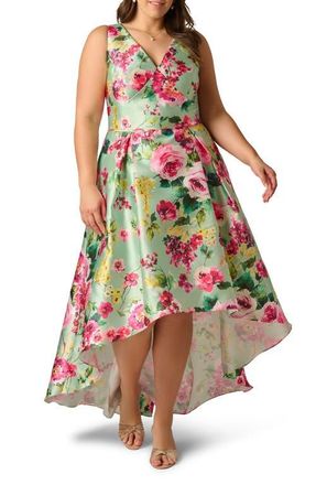 Adrianna Papell High-Low Fit & Flare Midi Cocktail Dress in Mint Multi at Nordstrom, Size 16W