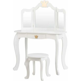 Costway Tocador con Taburete y Espejo para Niña de Madera Mesa de Maquillaje con Cajón 80x42x106 centímetros (Blanco)