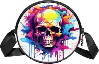 Generic Circle Crossbody Bag for Women, Skulls Small Sling Bag Daypack with Zipper Adjustable Shoulder Straps Casual Ladies Girls Round Purse