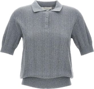 Lisa Yang Cropped Grey Wool Sweater with Polo Neckline and Ribbed Details