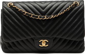 Chanel Pre-owned Womens Jumbo Classic Chevron Lambskin Double Flap - Black Leather - One Size