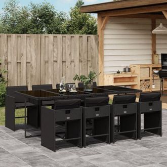 vidaXL Set De Comedor De Jard&iacute;n 9 Pzas Y Cojines Rat&aacute;n Sint&eacute;tico Negro Vidaxl
