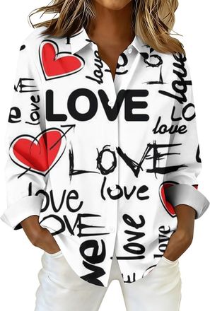 Generic Valentines Gifts for Her: Valentines Day Blouses for Women Elegant Heart Prints Turn Down Collar Button Down Shirts Tops 7 (Black, S)