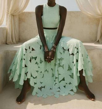 Lace Calisto Crop Top And Skirt Set In Turquoise