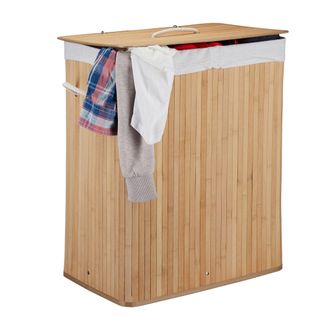 Relaxdays 3 Cestos Ropa Sucia Con Tapa Y 2 Compartimentos, Cubo Colada Plegable, Canasta, Bamb&uacute;, 95 L, Color Natural