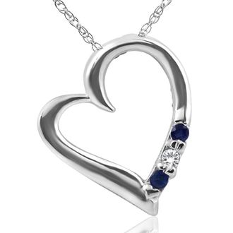 Pompeii3 Diamond & Blue Sapphire Heart Pendant 3-Stone 14K White Gold with 18 Chain