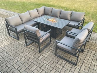 Fimous Aluminium 9 Pieces Garden Furniture Corner Sofa Set with Cushions Gas Fire Pit Dining Table Set Gas Heater Burner Dark Grey
