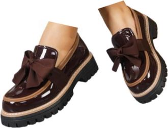 Generic Loafers Shoes for Women Girls School Shoes Womens Patent Loafers with Bow Trendy Comfort Closed Round Toe Slip On Bow-Knot Dress Flat Low Heels Pump L