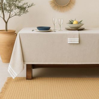 Febronie Mantel + 10 servilletas algod&oacute;n beige lino 180x400