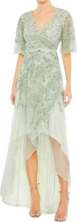 Mac Duggal Sequined Butterfly Sleeve High Low Gown In Sage Green