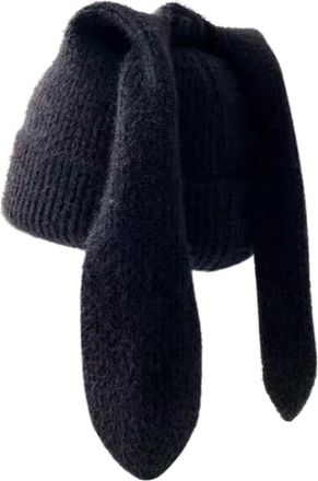 Generic Long Ears Funny Hat for Women Cute Bunny Beanie Winter Warm Knit Rabbit Skull Cap Ear Windproof Knitted Flat Bobble Hat for Cold Weather Ski One Size 