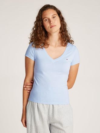 Tommy Jeans Kurzarmshirt TOMMY JEANS TJW SLIM V-NECK TEE, Damen, Gr. XS (34), blau (sweet blau), Single Jersey, Obermaterial: 100% Baumwolle, unifarben, slim fit 