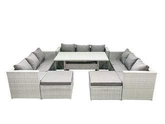 Fimous Rattan Garden Outdoor Furniture Set 11 Seater Garden Sofa Rectangulr Dining Table Set with 2 Big Footstools Light Grey Mixed