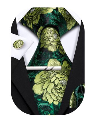 Barry.Wang Mens Ties Set Silk Floral Paisley Necktie Pocket Square Cufflinks Clip 4PCS Set Business Wedding Party Work for Men Tie