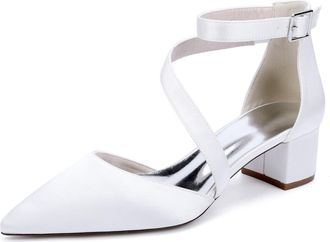 Generic Womes Wedding Bridal Pointed Toe Low Chunky Heels Satin Block Ankle Strap Pumps Party Dress Shoes 4.5 Cm,White,10 UK