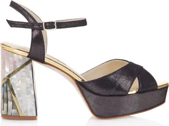 Freya Rose Zahra Noir Ankle Strap Pearl Heel Sandal in Black Shimmer at Nordstrom, Size 36