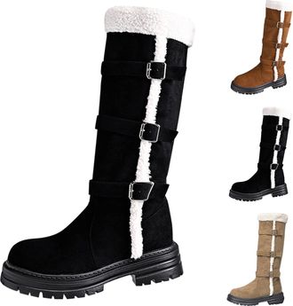 Generic Womens Suede Winter Snow Boots Faux Fur Lined Mid-Calf Boots with Adjustable Buckle Ladies Chunky Low Heel Platform Shoes Comfort Round Toe Walking Sh