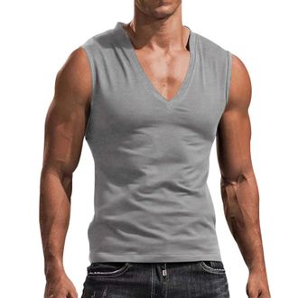 Generic Mens Tank Tops Sleeveless T Shirts Deep V Neck Low Cut Shirt Vest Summer Solid Color Workout Tshirt Casual Muscle Tee Camisetas Hombre(Grey, M)