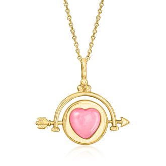 Ross-Simons Pink Jade and Mother-Of-Pearl Heart Reversible Pendant Necklace in 18kt Gold Over Sterling