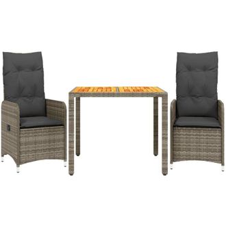 vidaXL Vidaxl - Mesita Y Sillas Jard&iacute;n 3 Pzas Y Cojines Rat&aacute;n Sint&eacute;tico Gris