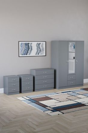 Home Discount Vida Designs 4Pc Bedroom Set 2x3Bedside, 4 Drawer, 3Dr Mirror Wardrobe in Grey