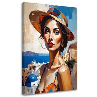 Feeby Cuadro En Lienzo Retrato Femenino Con Sombrero Sobre El Fondo De Una Ciudad Costera 80x120