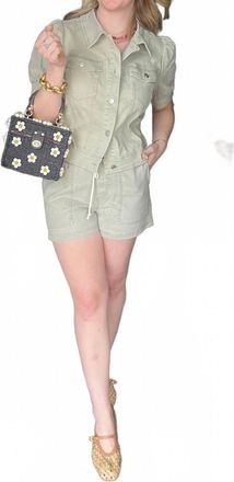 Skies Are Blue Clothing Washed Puff Sleeve Cropped Jacket In Sage